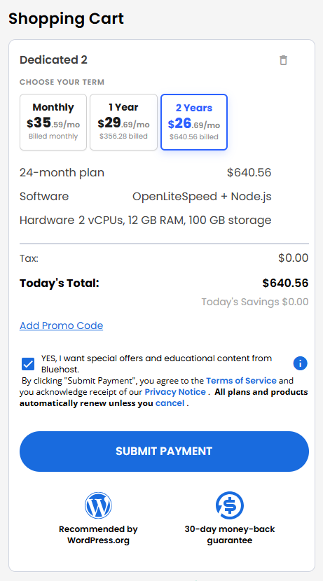 VDS hosting - Shopping Cart
