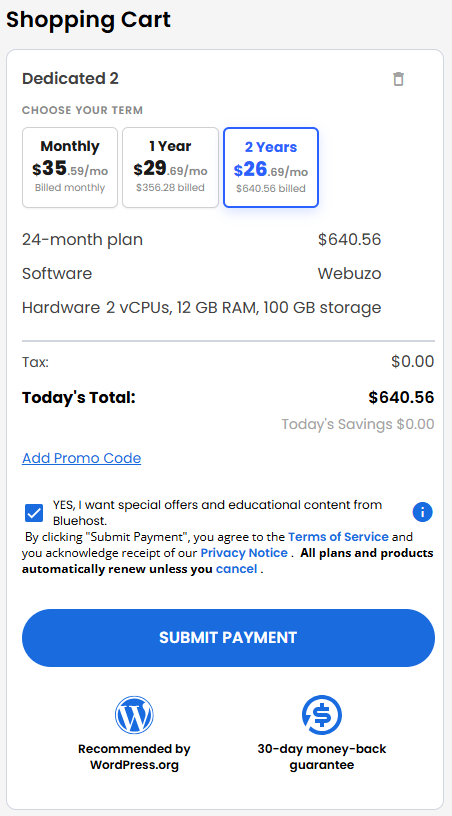 VDS hosting - Shopping Cart