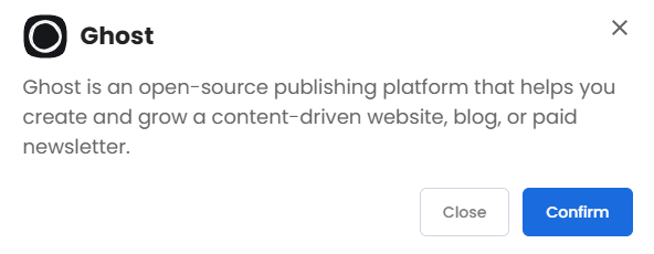 VDS hosting - Software - Application tab - ghost - pop-up