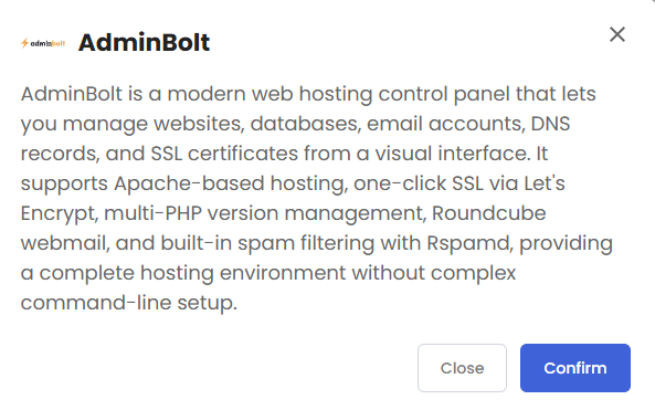 VDS hosting - Software - Application tab - AdminBolt pop-up