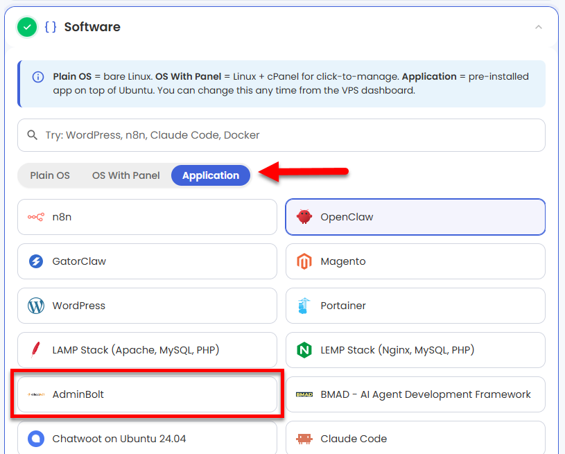 VDS hosting - Software - Application tab - AdminBolt