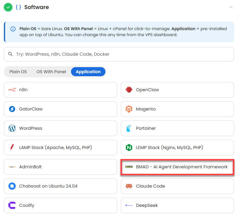 VDS hosting - Software - Application tab - BMAD