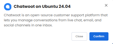 VDS hosting - Software - Application tab - Chatwoot pop-up