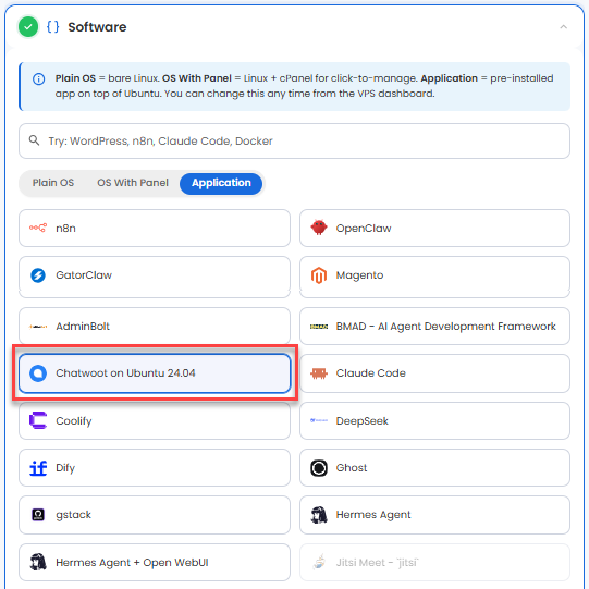 VDS hosting - Software - Application tab - Chatwoot