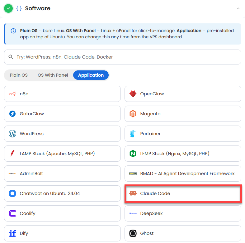 VDS hosting - Software - Application tab - Claude Code