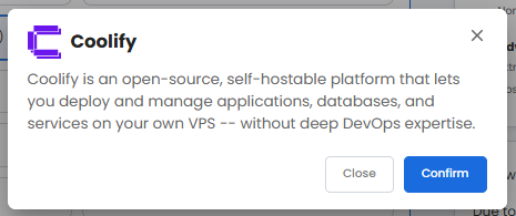 VDS hosting - Software - Application tab - Coolify pop-up