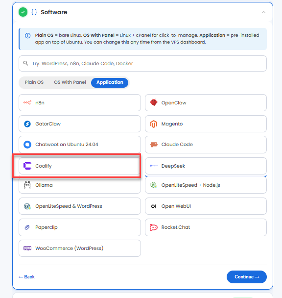VDS hosting - Software - Application tab - Coolify