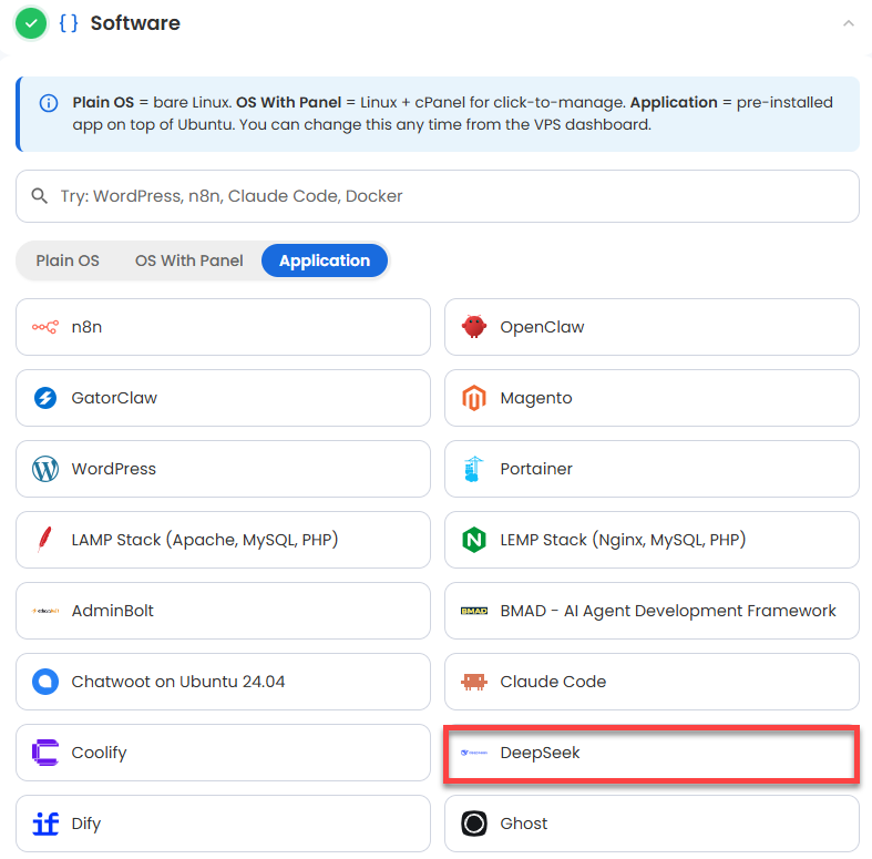 VDS hosting - Software - Application tab - DeepSeek