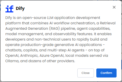 VDS hosting - Software - Application tab - Dify pop-up
