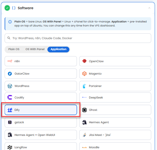 VDS hosting - Software - Application tab - Dify