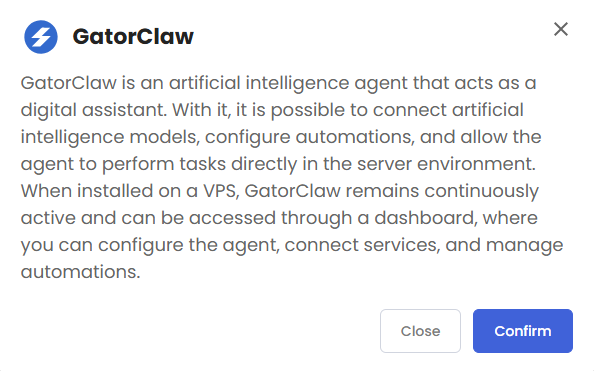VDS hosting - Software - Application tab - GatorClaw pop-up
