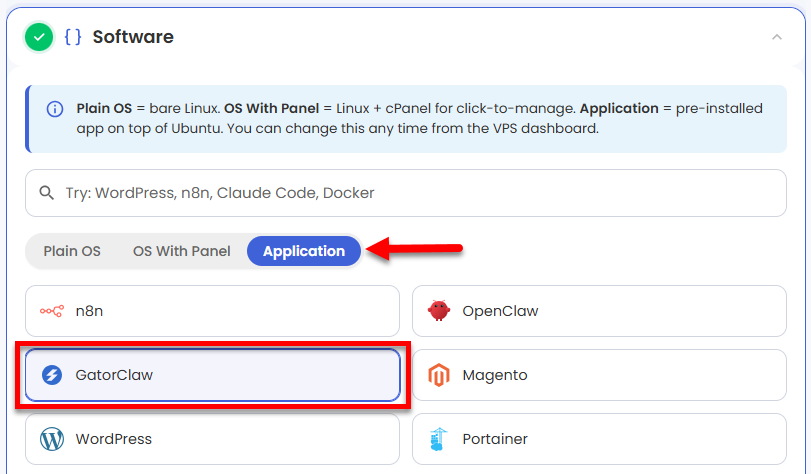 VDS hosting - Software - Application tab - GatorClaw