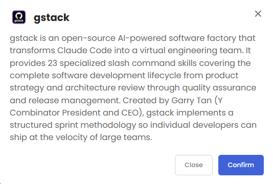 VDS hosting - Software - Application tab - gstack pop-up