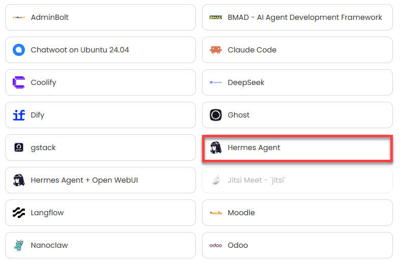 VDS hosting - Software - Application tab - Hermes Agent