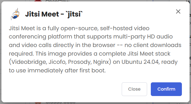 VDS hosting - Software - Application tab - Jitsi Meet pop-up