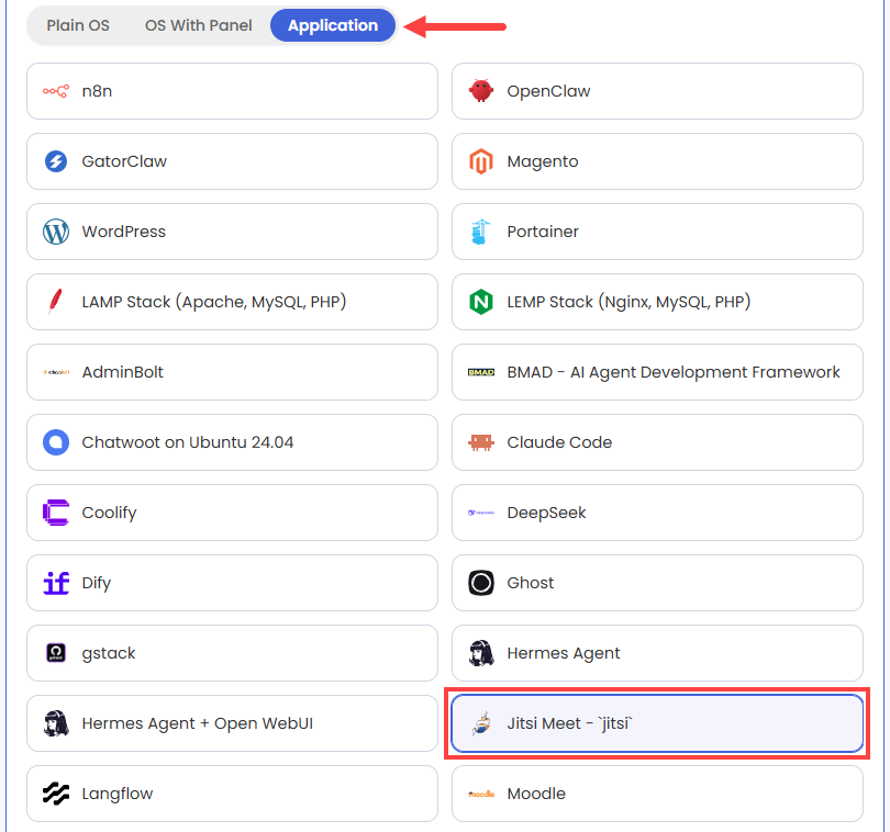 VDS hosting - Software - Application tab - Jitsi Meet