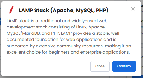 VDS hosting - Software - Application tab - LAMP Stack pop-up