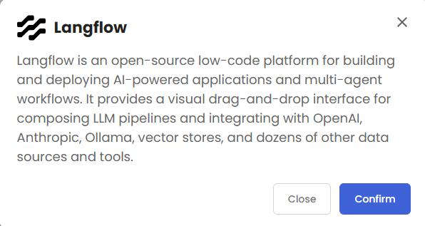 VDS hosting - Software - Application tab - Langflow pop-up