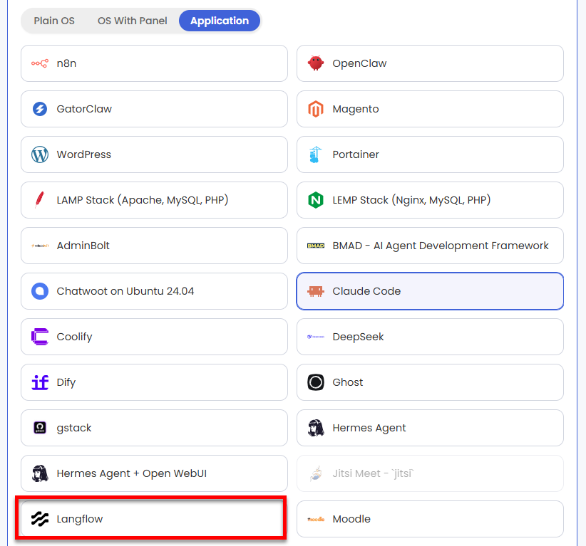 VDS hosting - Software - Application tab - Langflow