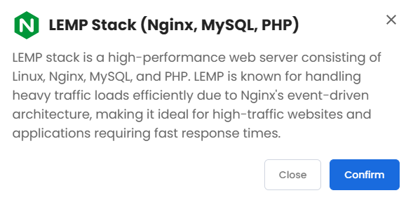 VDS hosting - Software - Application tab - Lemp pop-up
