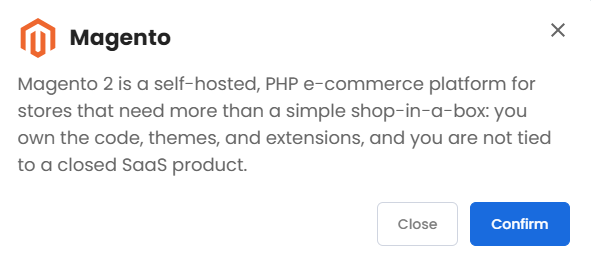 VDS hosting - Software - Application tab - Magento pop-up