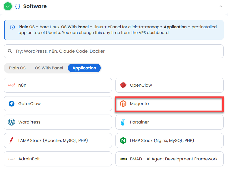 VDS hosting - Software - Application tab - magento