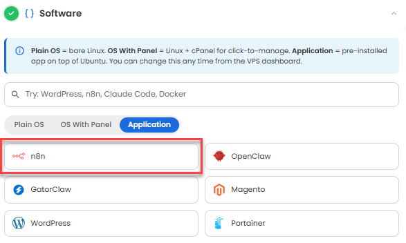 VDS hosting - Software - Application tab - n8n