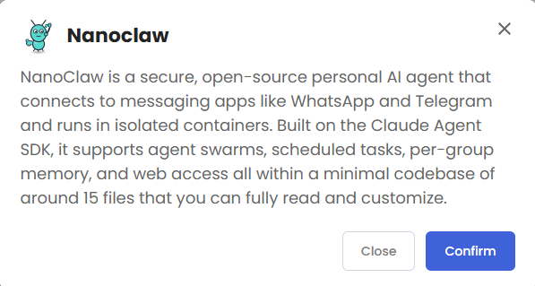 VDS hosting - Software - Application tab - Nanoclaw pop-up