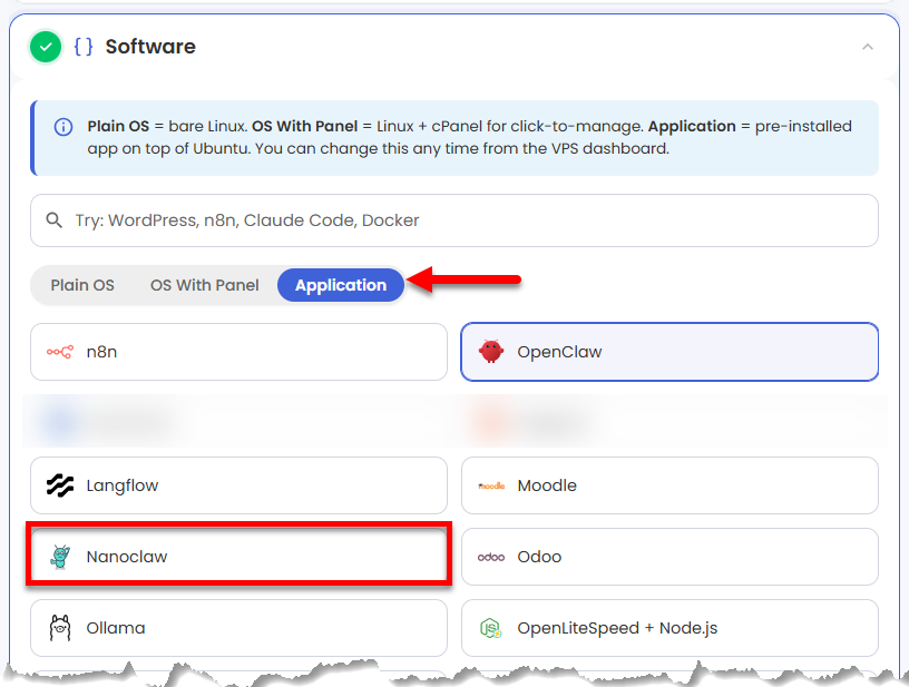 VDS hosting - Software - Application tab - Nanoclaw