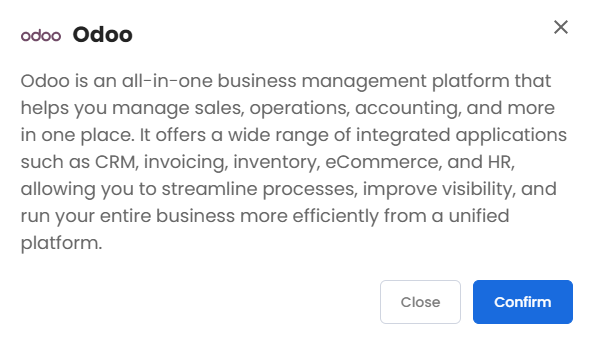 VDS hosting - Software - Application tab - Odoo- pop-up