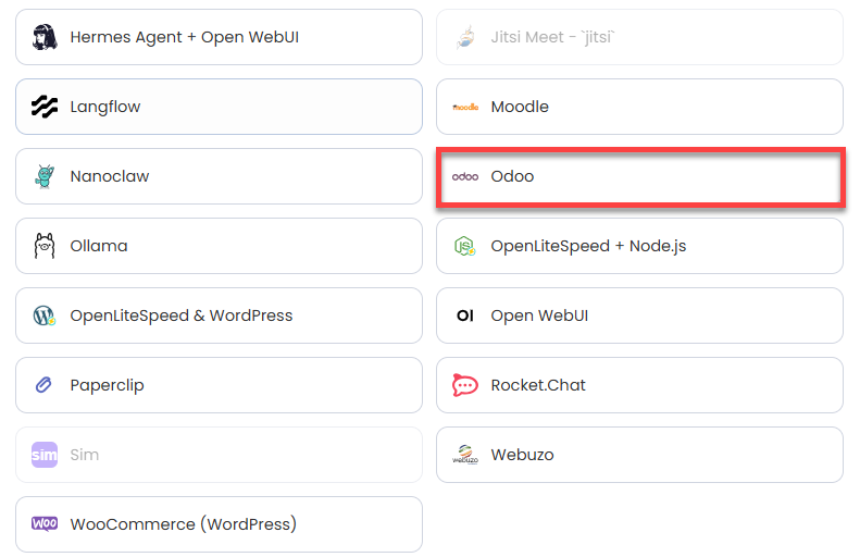 VDS hosting - Software - Application tab - Odoo