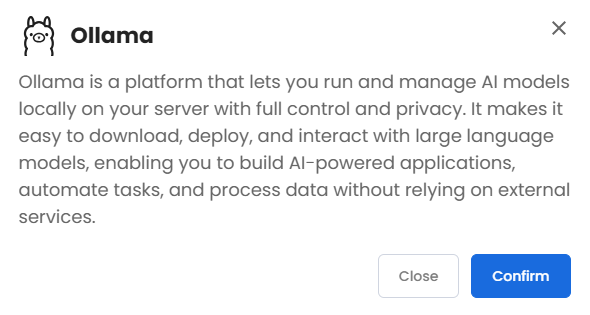 VDS hosting - Software - Application tab - Ollama pop-up