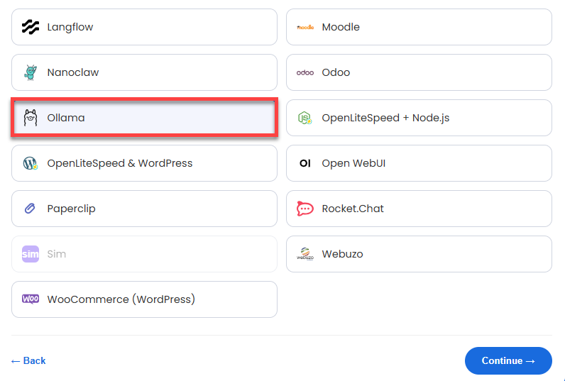 VDS hosting - Software - Application tab - Ollama
