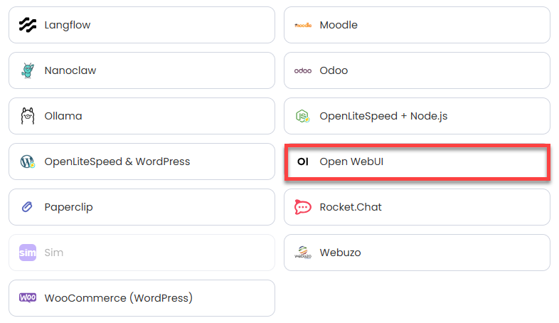 VDS hosting - Software - Application tab - Open WebUI