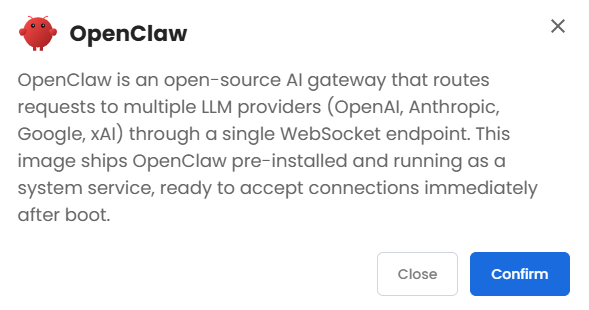 VDS hosting - Software - Application tab - OpenClaw pop-up
