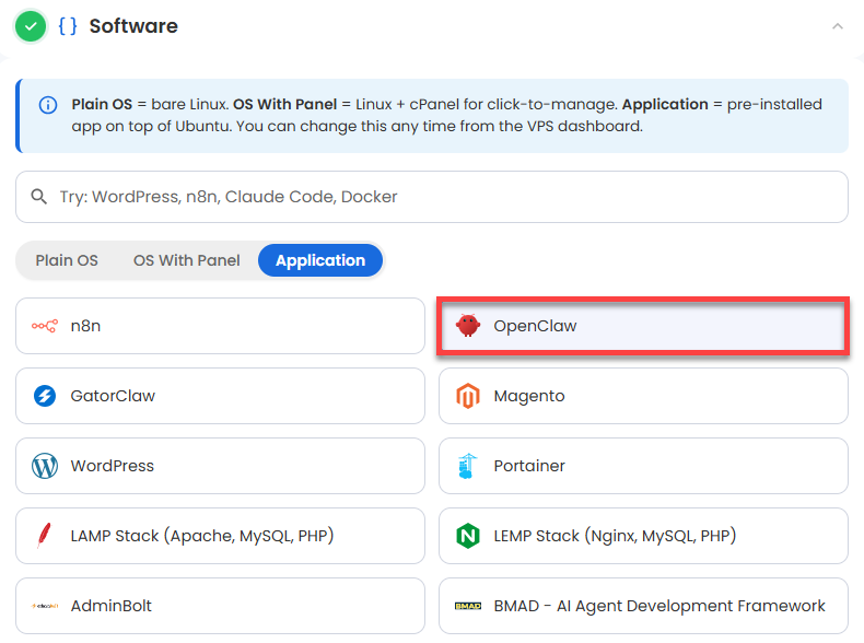 VDS hosting - Software - Application tab - Openclaw