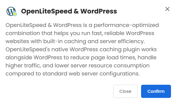 VDS hosting - Software - Application tab - OpenLiteSpeed & WordPress pop-up
