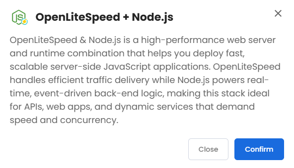 VDS hosting - Software - Application tab - OpenLiteSpeed + Node.js - pop-up