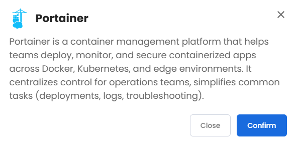 VDS hosting - Software - Application tab - Portainer pop-up