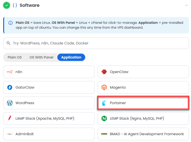 VDS hosting - Software - Application tab - Portainer