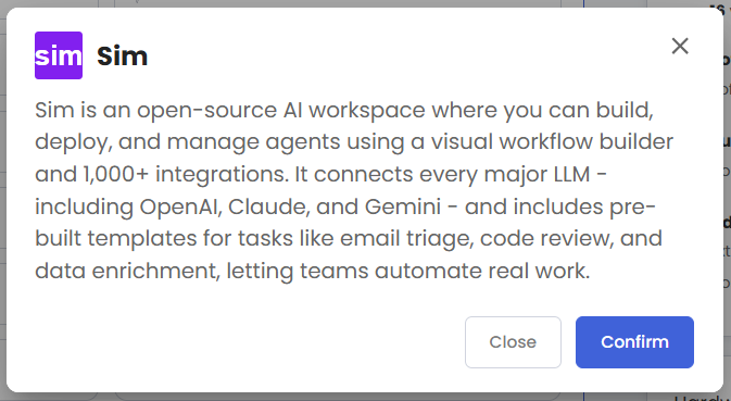 VDS hosting - Software - Application tab - Sim pop-up