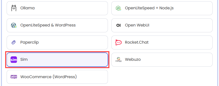 VDS hosting - Software - Application tab - Sim