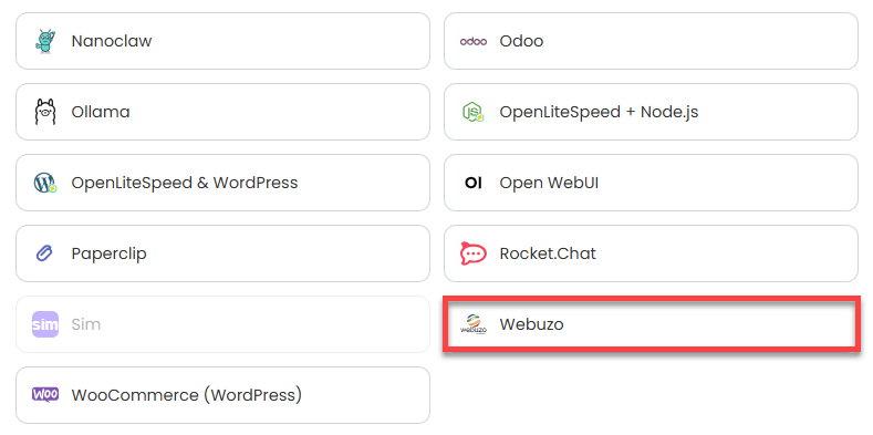 VDS hosting - Software - Application tab - Webuzo
