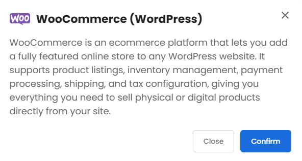VDS hosting - Software - Application tab - woocommerce- pop-up
