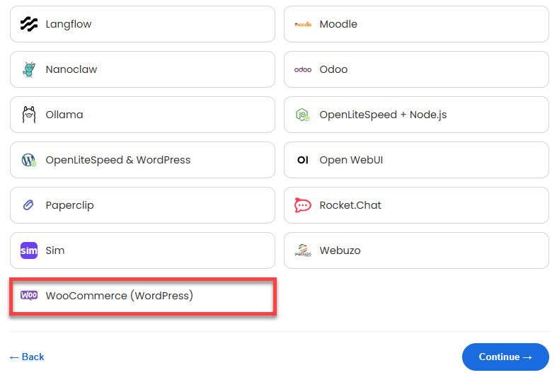 VDS hosting - Software - Application tab - woocommerce