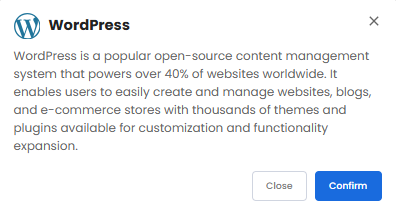 VDS hosting - Software - Application tab - WordPress pop-up