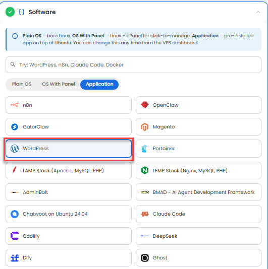 VDS hosting - Software - Application tab - WordPress