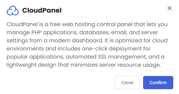 VDS hosting - Software - OS with Panel tab - CloudPanel op-up