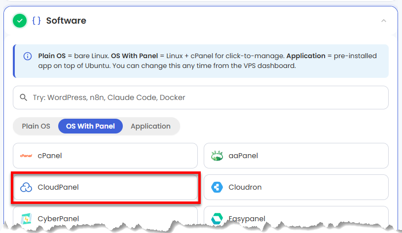 VDS hosting - Software - OS with Panel tab - CloudPanel