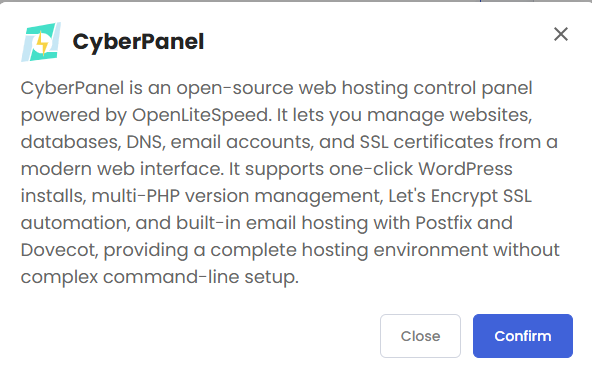 VDS hosting - Software - OS with Panel tab - CyberPanel pop-up